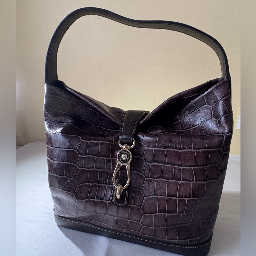 Dooney & Bourke Crocodile Embossed Hobo Shoulder Bag w Key Fob & Pouch 3 PIECES